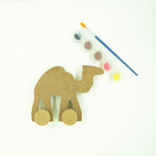 Figurine en Bois de Chameau avec Roues et Peinture