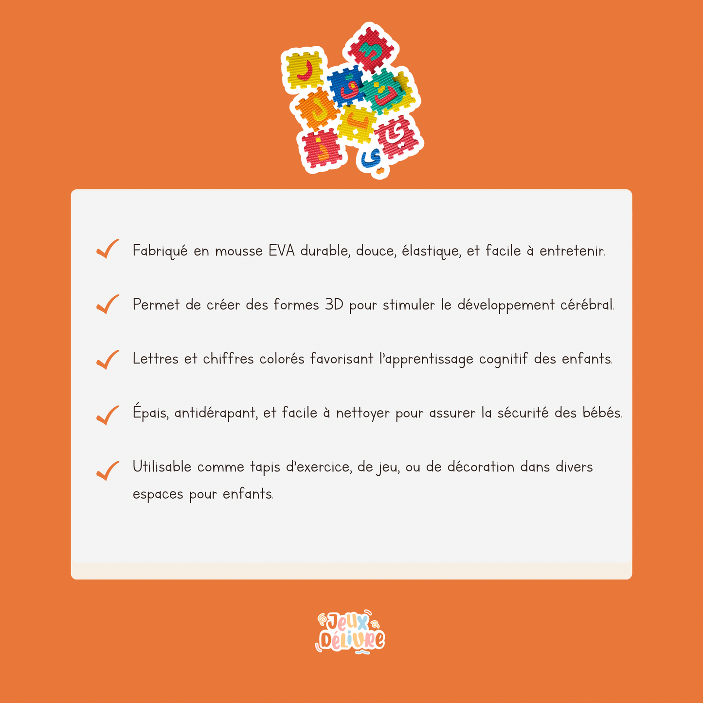 Tapis de Jeu Puzzle en Mousse Alphabet Arabe et Chiffres – 36 Pièces