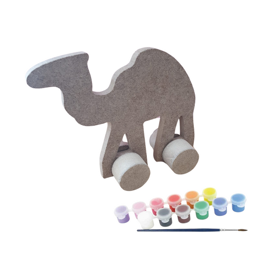 Figurine en Bois de Chameau avec Roues et Peinture