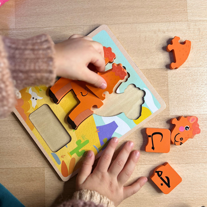 Puzzle en bois d’animaux avec nom en arabe - un jeu éducatif pour première âge