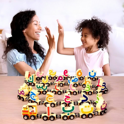 Lot de Voitures en Bois Aimantées avec Lettres Arabes : Un Jeux Éducatif Innovant